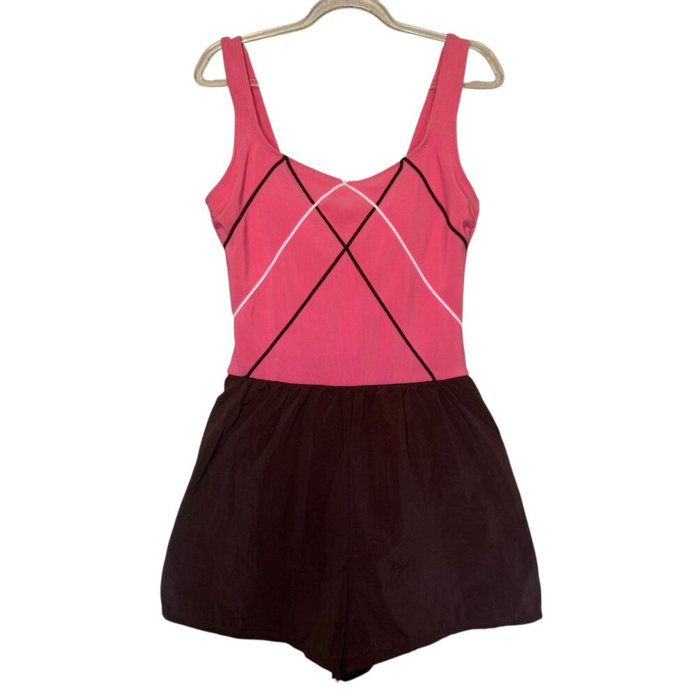 VINTAGE 1980s Gabar women's size 10 modest one piece pink brown shorts swimsuit